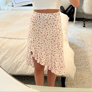 Princess Polly Floral Pink/White Ruffle High Low Midi Skirt (size 4)